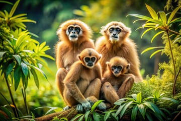 Vintage Gibbon Family Southeast Asia Treetop Habitat Wildlife Photography