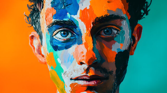 An expressive self-portrait with exaggerated facial features and bold contrasts of orange, blue, and green, creating a sense of emotion and depth 