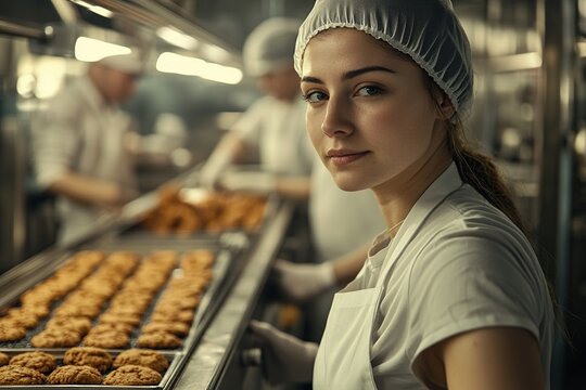 Factory Worker Making Delicious Cookies on Automated Production Line Efficiently