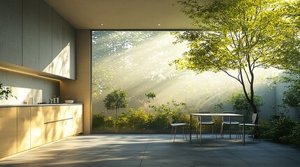 Sunlit modern kitchen with large window overlooking lush garden.
