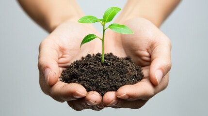 A person holding a small plant sprouting from soil, representing environmental conservation and sustainability.