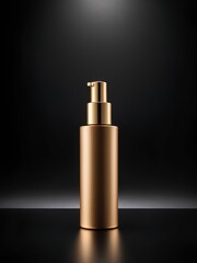 Naklejka premium Shiny Gold Cosmetic Bottle on Black Surface with Moody Lighting and Soft Shadows – High-End Beauty Product Aesthetic Mockup