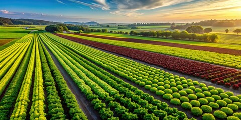 Lush green salad leaves thrive in this organic farm; aerial view showcasing healthy, fresh produce, ready for harvest.