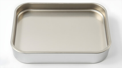 A compact square tin box with a smooth metallic finish, studio lighting, vivid colors, close-up, centered on white.