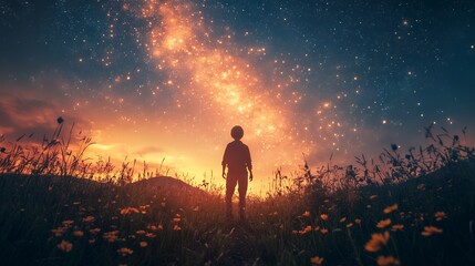 Obraz premium A child stands silhouetted against a breathtaking starry night, the Milky Way arching above a field of flowers. Peaceful and magical.