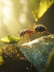 A close-up of a black ant on a leaf in the sunlight.