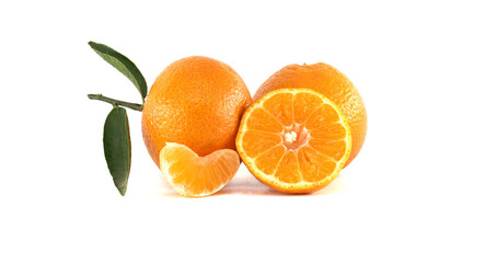 Fresh Tangerines with Leaves and Slices on a White Background