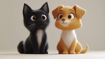 Fototapeta premium Adorable 3D Render of a Kitten and Puppy