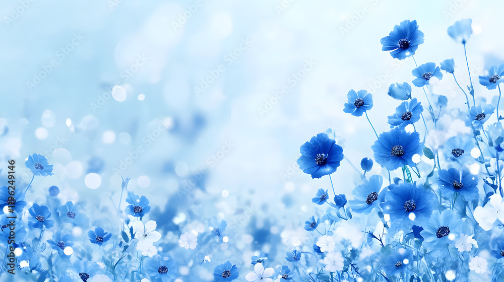 Aufkleber a serene field of delicate blue flowers against a soft, blurred background, creating a calming and d