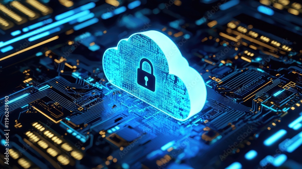 Poster A glowing digital cloud with a padlock icon sits on an illuminated circuit board, symbolizing secure data storage. Ideal for cybersecurity, cloud computing, and IT solutions