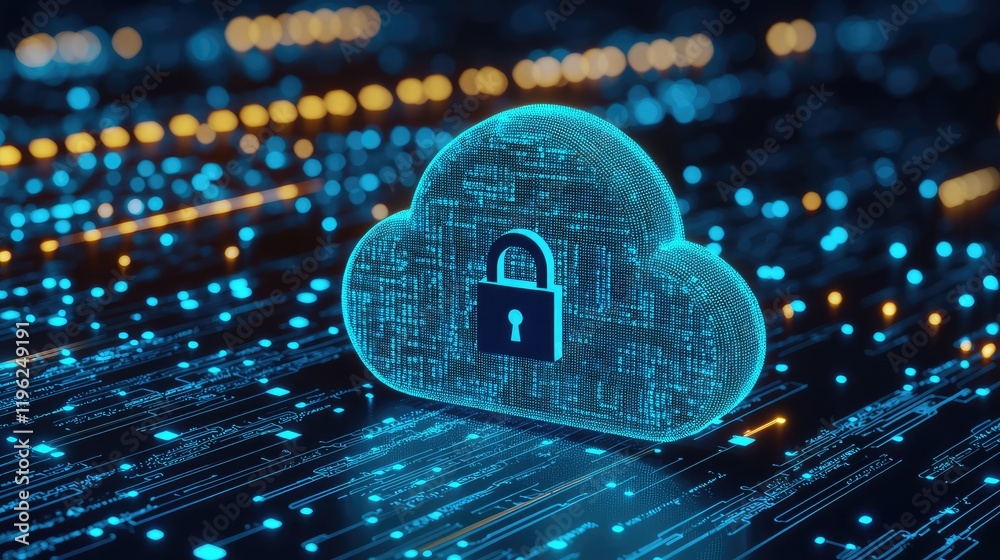 Poster A glowing digital cloud with a padlock stands on a futuristic circuit board, symbolizing secure data storage. Perfect for cybersecurity, cloud computing, and IT themes