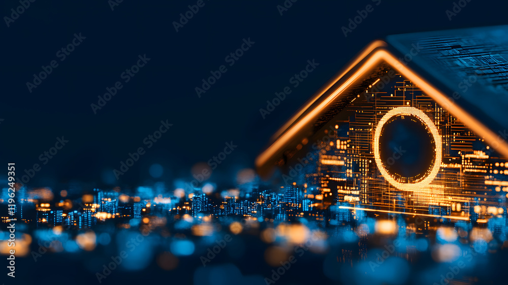 Poster a futuristic house design with glowing circuitry elements, symbolizing technology and innovation in 