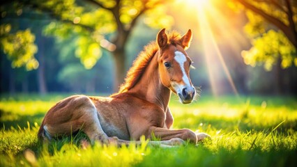 Young Foal Resting in Pasture - Peaceful Horse Photography