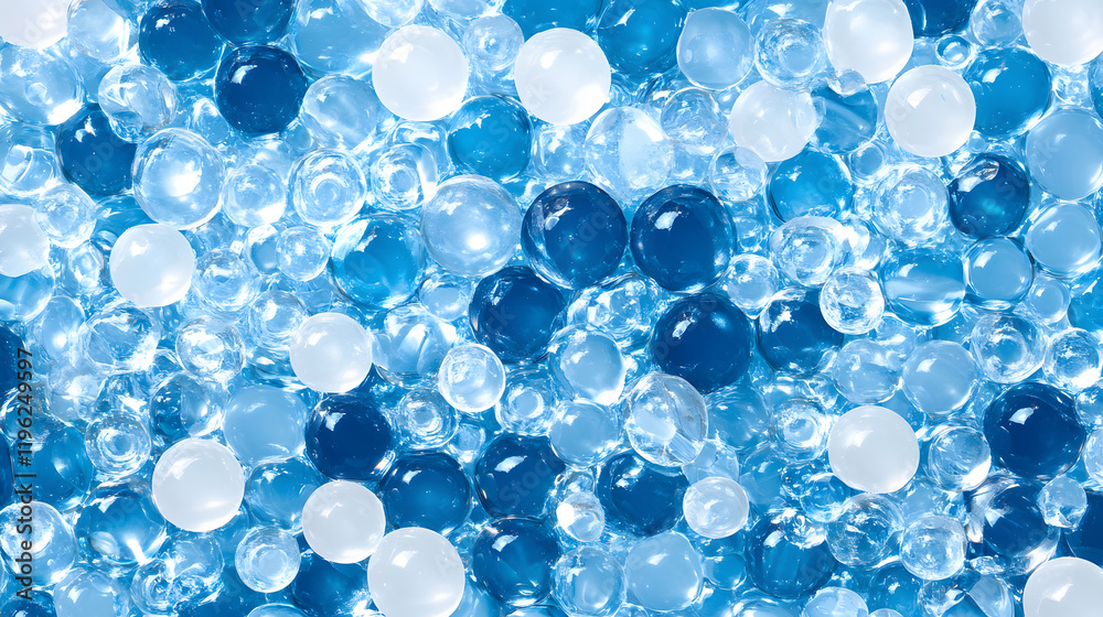 Poster a vibrant assortment of translucent beads in varying shades of blue and white, creating a visually s