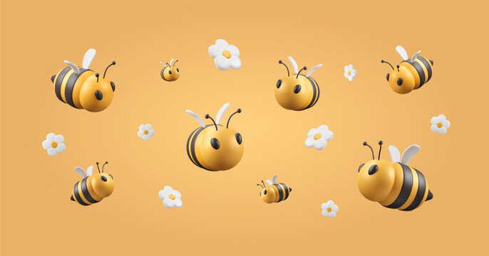 Background with 3d bee and white flowers buds. Insects flying on yellow backdrop. Minimalist beekeeping banner. Summer vector illustration with striped character in plastic style.