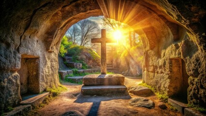 Naklejka premium Resurrection Dawn: Urban exploration captures an empty tomb and cross, symbolic of renewal amidst decay.