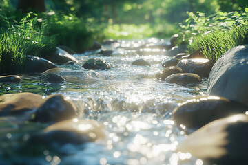 Fototapeta premium A crystal-clear stream flowing over smooth rocks in a wooded glade