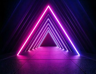 Fototapeta premium Neon light tunnel perspective. Vector realistic illustration of dark hall