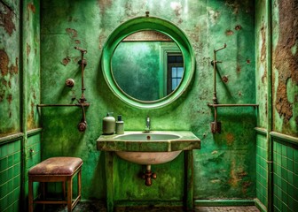 Rustic green bathroom, aerial view. Aged tiles, textured walls, round mirror, vintage charm.
