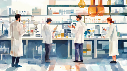 Abstract illustration of scientists in a lab, highlighting diversity and collaboration in research,watercolor. Rainspire. Illustration