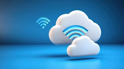Obraz premium A stylized illustration of cloud computing, featuring clouds with wireless signals against a blue background.