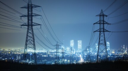 Night view of a city skyline with power lines in foreground.
