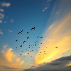 Obraz premium View of a flock of birds flying into a beautiful sky during sunset