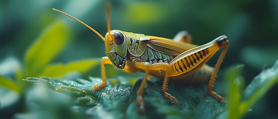 Fototapeta premium Yellow grasshopper on green leaf.