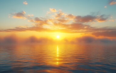 Obraz premium Calm ocean sunset with hazy clouds.