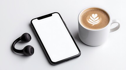 Smartphone, Coffee, and Earbuds Mockup