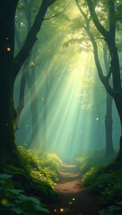 A mystical forest scene with fog rolling in slow motion, beams of light breaking through the canopy, and soft particles floating in the air.

