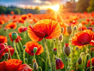 Obraz premium Stunning close-up of vibrant red poppy blooms in a wildflower field; breathtaking nature photography.