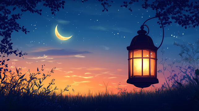 A beautiful lantern glowing against a twilight backdrop, with a crescent moon and ethereal lights inspiring tranquility and serenity. Rainspire. Illustration