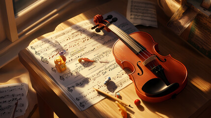 Naklejka premium A beautifully lit, close-up shot of a child's violin and bow lying on a wooden music stand amidst scattered sheet music and a few toys nearby. Rainspire. Illustration