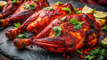 Succulent tandoori chicken, close-up. Spicy Indian roast chicken recipe.  Image showcases vibrant color and texture.