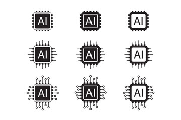 Artificial intelligence AI processor chip icon. AI processor chip vector symbol. AI system icons set. AI Processor circuit vector set.