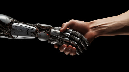 Naklejka premium Man shaking hands with robotic arm