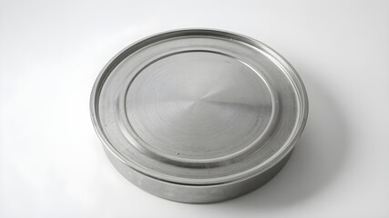 A round metal can with a glossy surface, placed in the center under soft studio lights, isolated on white.