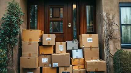 A pile of both large and tiny postal cardboard boxes was delivered by courier and left at the front door of the residence.
