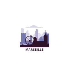 Obraz premium Marseille logo with skyline, cityscape retro vector icon. France city horizon, facade, travel logotype