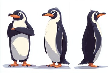 Naklejka premium Three adorable cartoon penguins shown in various postures. One with folded arms, and the other two in side profiles. Vector illustration.