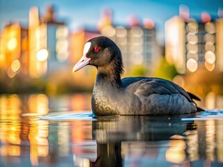 Urban coots glide on dark water, a city pond portrait.