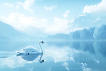 Obraz premium Serene Swan on Misty Lake with Majestic Mountains