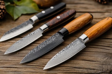 A collection of four beautifully crafted kitchen knives is arranged on weathered wood. Each knife features distinct handles and unique blade patterns, showcasing craftsmanship and elegance