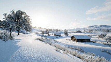 Snowy Mountain Village at Sunrise
