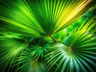 Fototapeta premium Vibrant green palm leaves, a lush tropical abstract texture, nature's long exposure art.
