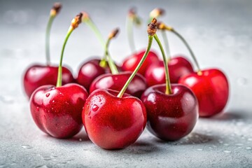 Vibrant red cherries, close-up, against a stark white backdrop; a still life study in simple elegance.