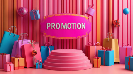 Vibrant promotion label with colorful gifts and shopping bags, creating festive atmosphere. Perfect for marketing campaigns and sales events