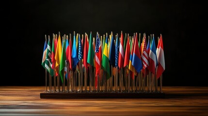 A symbolic display of colorful flags from around the world on a wooden table in a professional setting