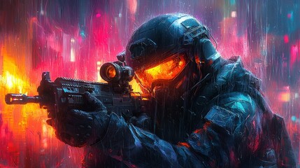 Cyberpunk Soldier Rain Assault Digital Art